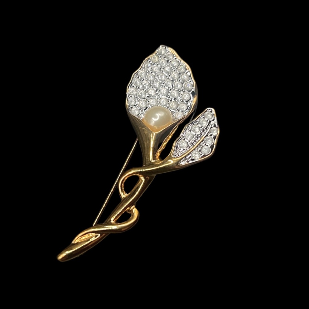 Vintage Calla Lilly Brooch Signed Rhinestone Faux Pearl 18k Electroplate